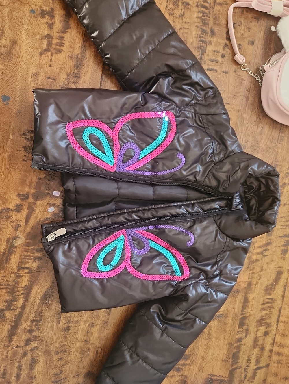 Peek Black Puffer Jacket with Sequin Butterfly Appliqués